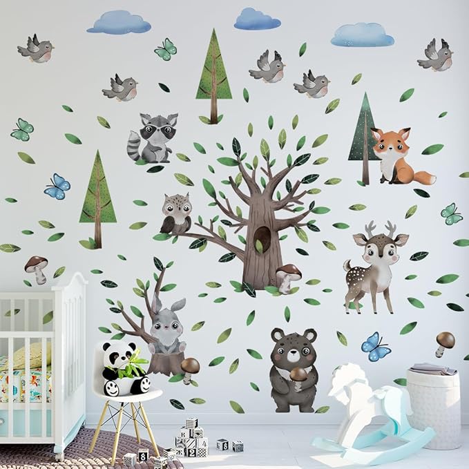 Large Animals Wall Decals for Kids by Lipastick – 133 pcs Woodland Animal Wall Stickers – Forest Animal Wall Decals for Kids Boys Baby Girls – Kids Wall Decals Bear Fox Deer Hare Raccoon Owl M Size