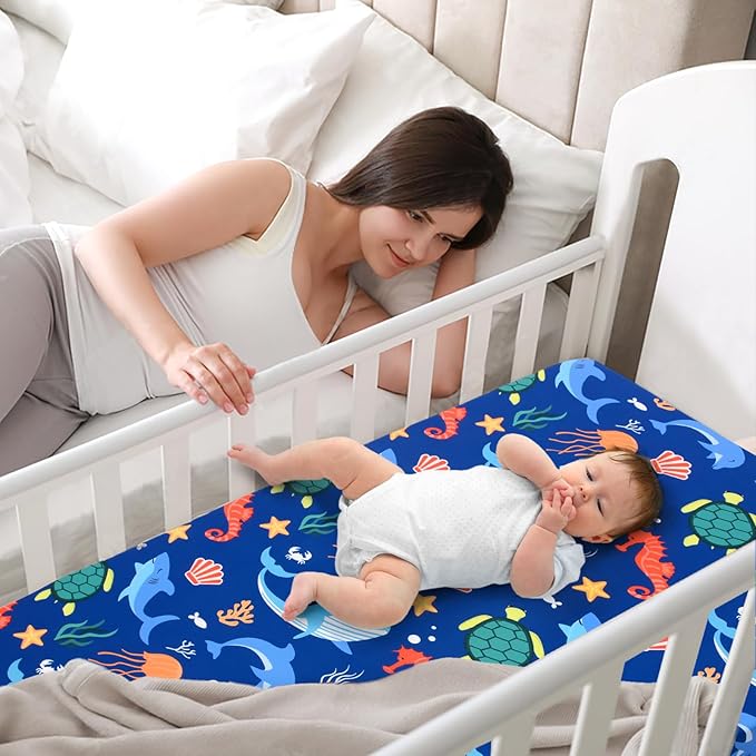 JISEN Baby Crib Sheets Soft Breathable Fitted Crib Sheets Baby Sheet for Standard Crib and Toddler Mattress Baby Bed Sheets for Crib for Baby Boys Girls Neutral 52x28 Inch Whales