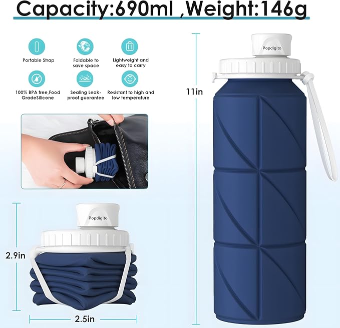 Collapsible Water Bottle Foldable Silicone Travel Water Bottle Leakproof Flexible BPA Free Portable,Folding Water Bottle Lightweight for Camping, Hiking,Sports Water Bottles Travel 23oz