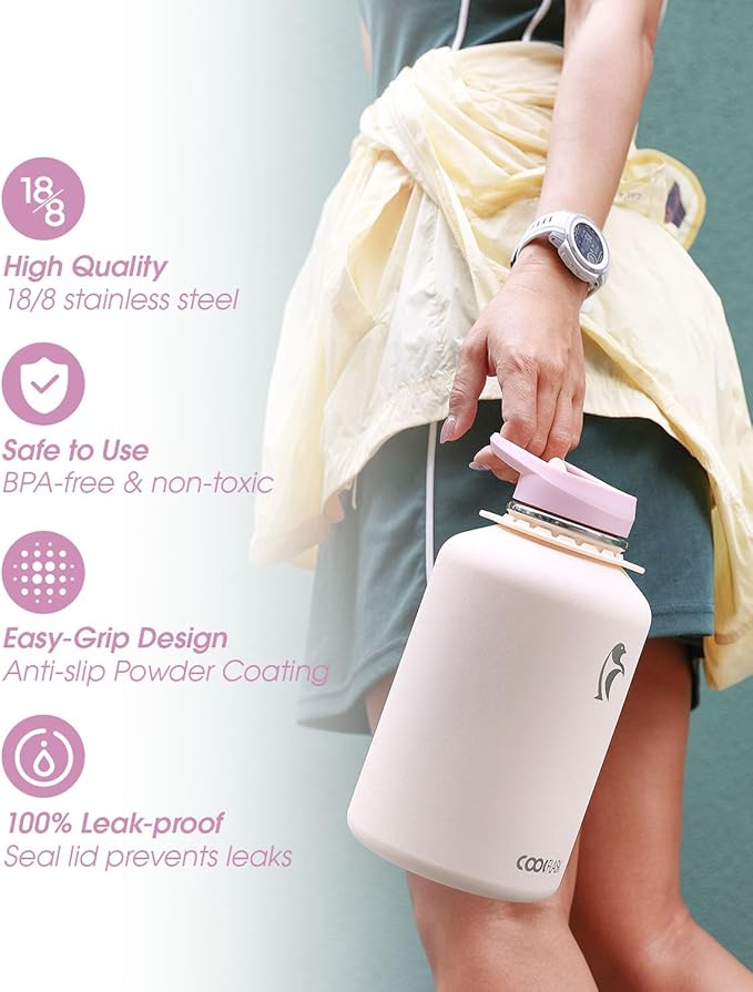 Coolflask Half Gallon Water Bottle Insulated with Straw, 64 oz Large Water Jug with Straw & Spout Lids, Double Wall Stainless Steel Metal Flask, Keep Cold 48h Hot 24h, Apricot Pink