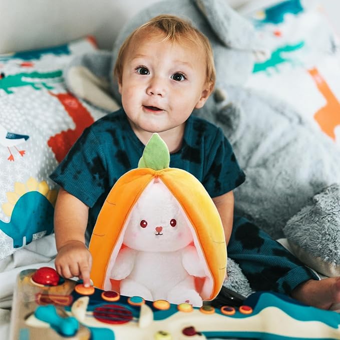 Novelty Bunny Stuffed Animal - Reversible Cuddle Bunny Plush Doll with Zipper Cute Soft Rabbit Toys Pillow for Kids and Adults Easter Bunnies Plushies Gifts (Yellow-Carrot,9.8 inch)