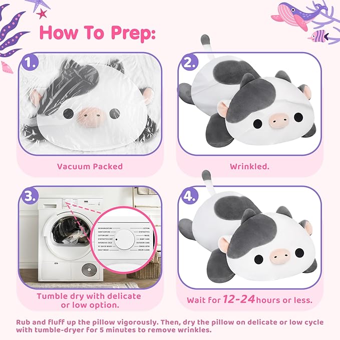 Cute Cow Plush Pillow, Kawaii Plushies White Cow Stuffed Toys, Squishy Plushies, Cuddle Plush Pillow for Boys & Girls