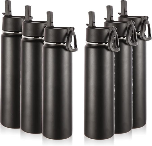 Volhoply 24oz Insulated Water Bottle With Straw Bulk 6 Pack,Metal Wide Mouth Water Bottles With Handle Lid Keep Cold,Reusable Double Wall Thermos,Powder Coated Sport Bottle For Holder(Black,6 Count)