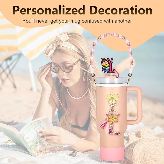 Stanley Cup Accessories Include Silicone Stanley Straw Cover, Butterfly Letter KeyChain Charms, Water Bottle Handle Strap, Boot and Chain for Stanley Cup 30oz 40oz Tumbler