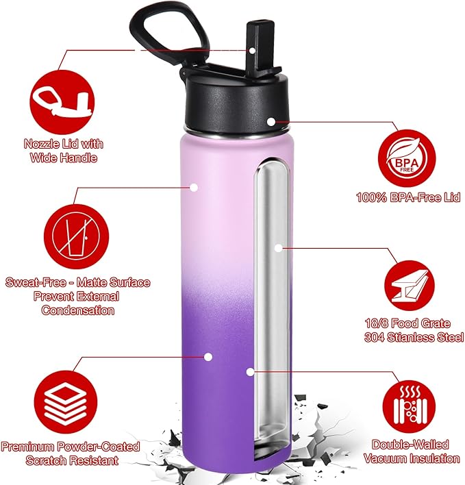 Volhoply 24 Ounce Insulated Water Bottle With Straw Lid,Stainless Steel Wide Mouth Sport Bottles With Handle,Double Wall Vacuum Thermos keep Cold,Reusable Travel Thermal Cups For Holder(Lavender,1)
