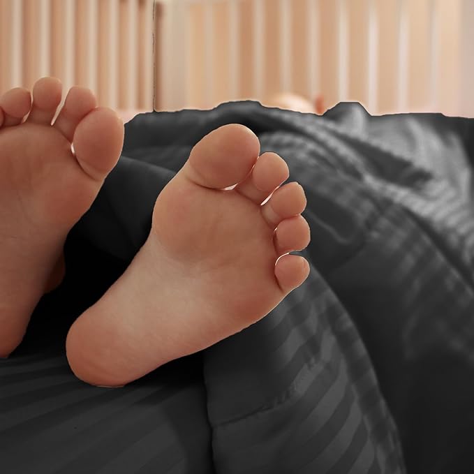 Toddler Bedding Set - 4 Piece Soft Crib Bedding Set for Boys, Includes Toddler Comforter, Flat Sheet, Fitted Sheet and Pillowcase, Black Stripe