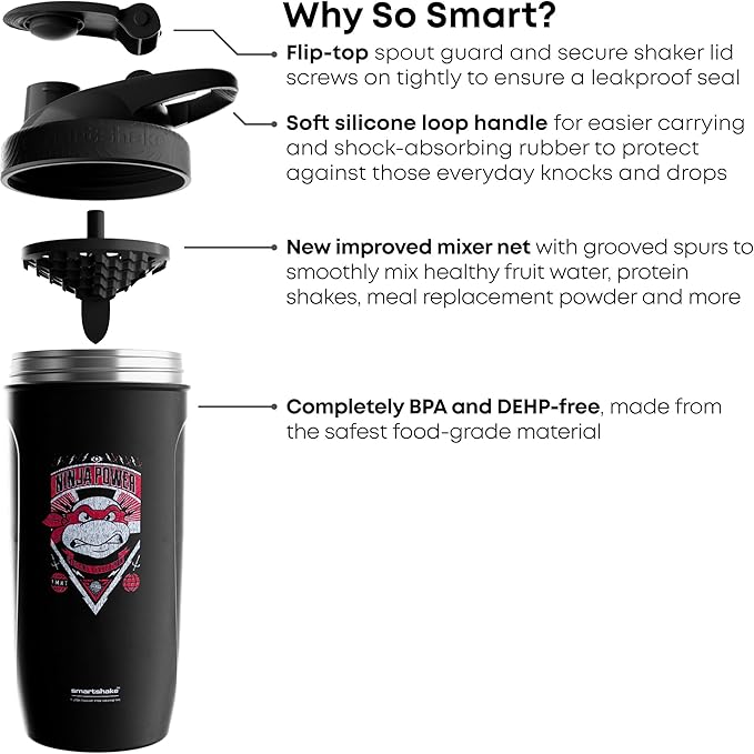 Smartshake TMNT Ninja Power Reforce Stainless Steel Protein Shaker Bottle 900 ml | 30 oz - Leakproof Screw-on Lid - BPA Free – Unisex - Non Insulated - Black