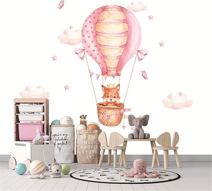 Waterproof Removable Vinyl PVC Hot Air Balloon Fox Safari Animal Star Wall Decal Wall Sticker Decor Peel Art Nursery Kidsroom Classroom Bedroom Bathroom Pink