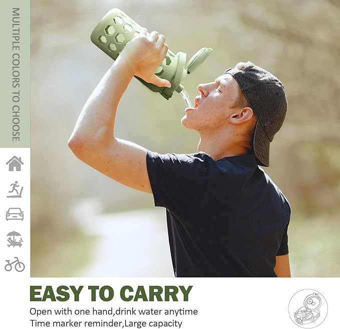 MUKOKO 56oz Glass Water Bottles with Straw and Lid,Motivational Water Jug with Time Marker Reminder and Silicone Sleeve,100% Leakproof BPA Free Fitness Sports Large Bottle-Green