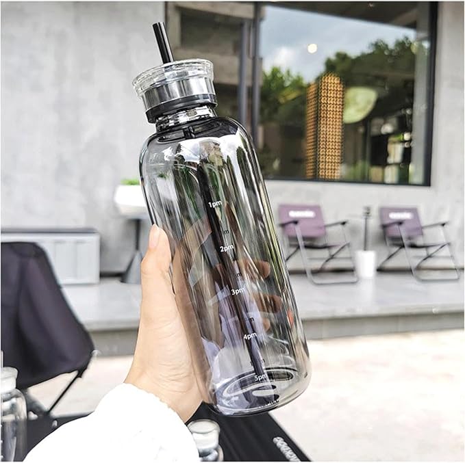 Glass Water Bottles With Double Lid,26OZ Clear Water Bottle With Time Marker,Water Bottle With Straw, Circle Water Bottle For Milk,Juice, Coffee(750ml,Grey)