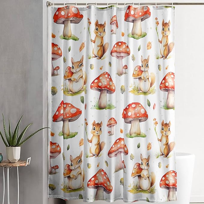 AILONEN Cartoon Mushroom Shower Curtain for Kids Girls Boys, Kawaii Squirrels with Red Mushroom Shower Curtains for Bathroom,Cute Animal Shower Curtain Set with Hooks,72" W*96" H