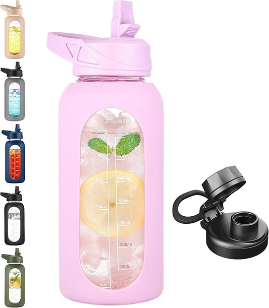 CIVAGO 32 oz Glass Water Bottle with Straw and Handle, Large Sports Motivational Water Bottle Flask with Time Marker and 2 Lids, Leakproof Water Jug Canteen with Silicone Sleeve for Gym,Lavender