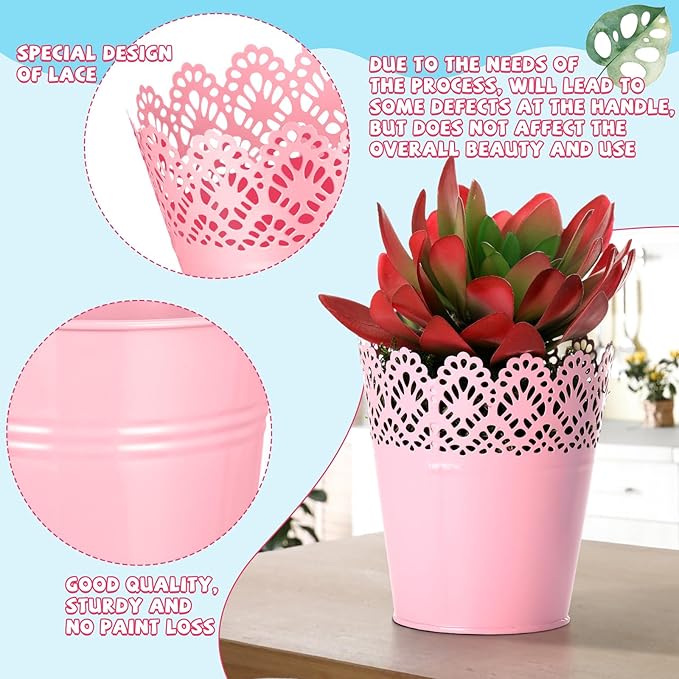 Therwen 24 Pieces Small Metal Buckets with Handle Colored Galvanized Bucket Round Metal Pail for Kids Classroom Candy Crafts,Utensils, Vase Party Favor(4.13 Inch,Hollow Lace)