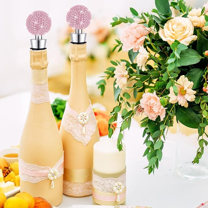 Crystal Wine Bottle Stopper Diamond Wine Stoppers Reusable Zinc Alloy Silicone Beverage Saver Corks Wine Decorative Bottle Stoppers with Sheer Bags for Wedding Bar Gifts(Pink,12 Set)