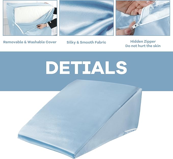 HOMBYS Satin Bed Wedge Pillow Cover Silky & Smooth Wedge Pillowcase 1 Pack 24x24x7.5, Soft & Breathable, Removable & Machine Washable-Zipper Design (Pillow Not Include), Light Blue