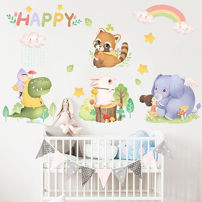 Jungle Cute Animals Wall Stickers Crocodile Elephant Rabbit Civet Cat Wall Decals for Baby Nursery Kids Room Living Room Home Decor
