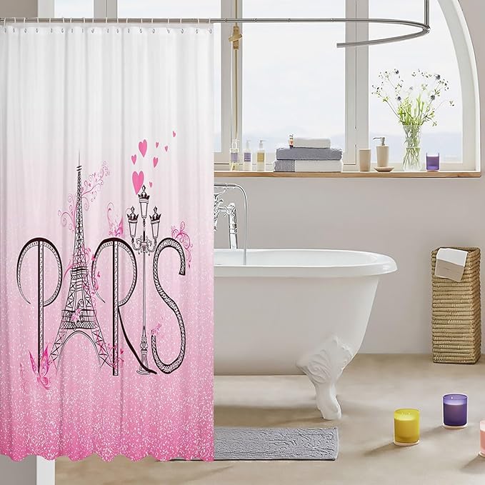 Feelyou Eiffel Tower Shower Curtain 72"x72" Kids Romantic Paris Bathroom Shower Curtain Set for Boys Girls Teens Ombre Pink Butterfly Bath Curtain Modern French Bathroom Accessories