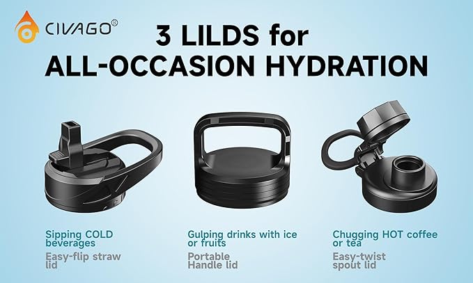 CIVAGO 32 oz Insulated Water Bottle With Straw, Stainless Steel Sports Water Cup Flask with 3 Lids (Straw, Spout and Handle Lid), Wide Mouth Travel Thermal Mug, Dreamy Black Gray