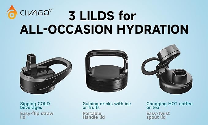 CIVAGO 40 oz Insulated Water Bottle With Straw, Stainless Steel Sports Water Cup Flask with 3 Lids (Straw, Spout and Handle Lid), Double Walled Travel Thermal Canteen Mug, Dark Aurora