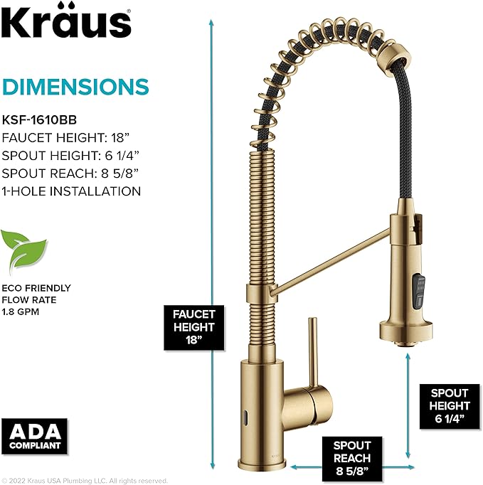 KRAUS Bolden Touchless Sensor Commercial Style Pull-Down Single Handle 18-Inch Kitchen Faucet in Brushed Brass, KSF-1610BB