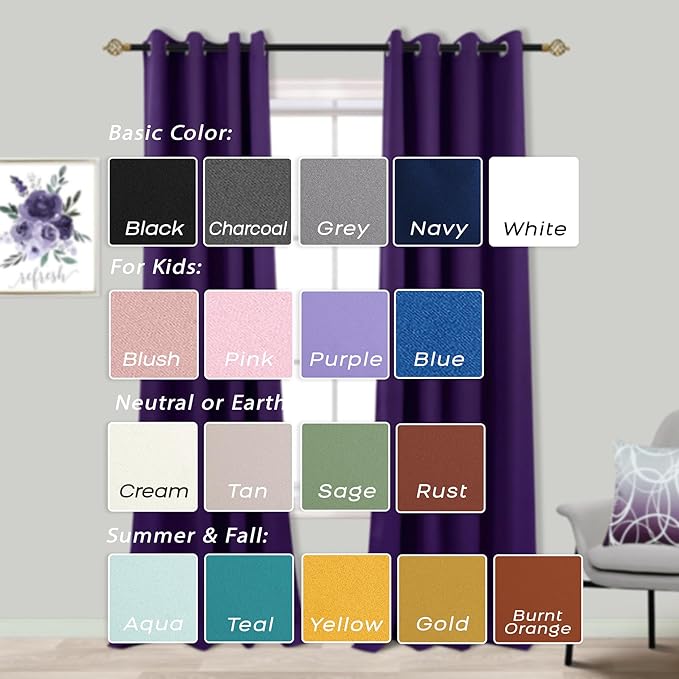 Mrs.Naturall Bathroom Window Curtains,Blackout Short Curtains for Bedroom,45 Inch Length,Dark Purple