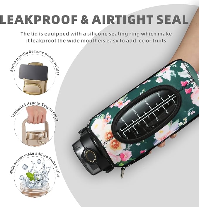 Half Gallon 64oz Glass Water Bottle with Straw and Storage Sleeve Motivational Water Bottle with Strap and Time to Drink 2L Leakproof Reusable Water Jug for Fitness Gym and Outdoors