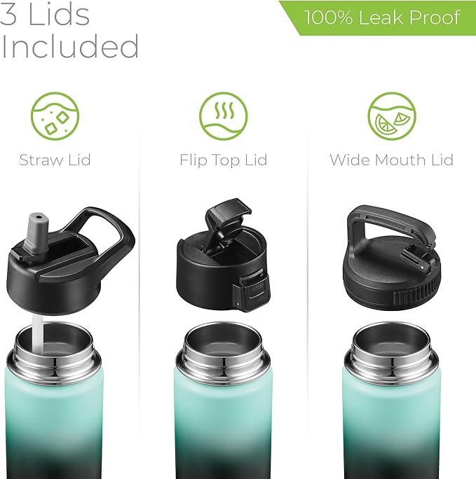 SipX™ Triple-Insulated Stainless Steel Water Bottle 18oz. With 3 Lids, BPA-Free Reusable Insulated Water Bottle Keeps Cold 24 Hours, Metal Water Bottle Made Of Sustainable Material For Hiking & Biking