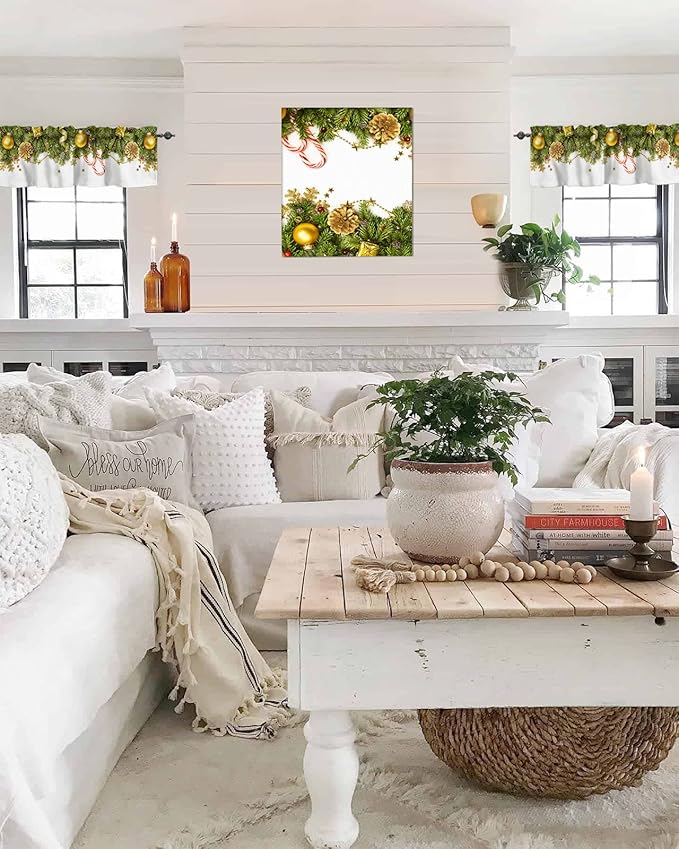 Christmas Kitchen Curtains Valances for Windows Pine Cones Rod Pocket Window Treatment for Kitchen/Living Room/Bedroom/Bathroom,42" X 18" -1 Panel, Golden Ornament Balls