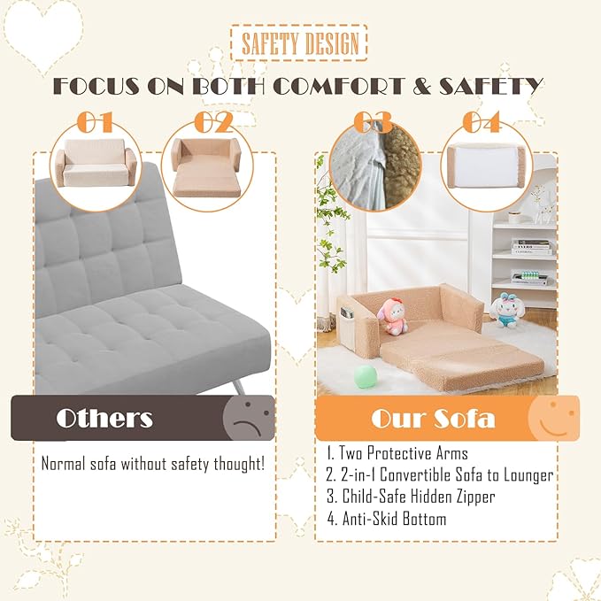 Baby Toddler Sofa Couch for Kids Extra Wide 2-in-1 Toddler Sherpa Fold Out Couch Bed for Playroom, Pull Out Children Convertible Sofa to Lounger for Boys & Girls with Double Pockets, Khaki-Cream