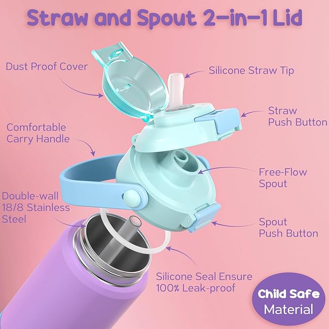 Fimibuke Kids Insulated Water Bottle with Pop-Open Straw & Spout 2-in-1 Lid, 18oz Leak Proof 18/8 Stainless Steel Vacuum Tumbler, BPA-Free Kids Cup For Travel School Boys Girls Toddler 1Pack,Purple