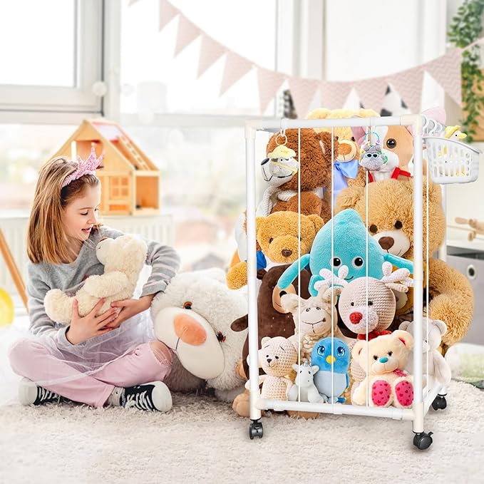 Stuffed Animal Storage Zoo Stuffed Animal Holder Space Save Vertical Stuffed Animals Storage PVC with Elastic Band and Net for Playroom Birthday Gift (Small-White)
