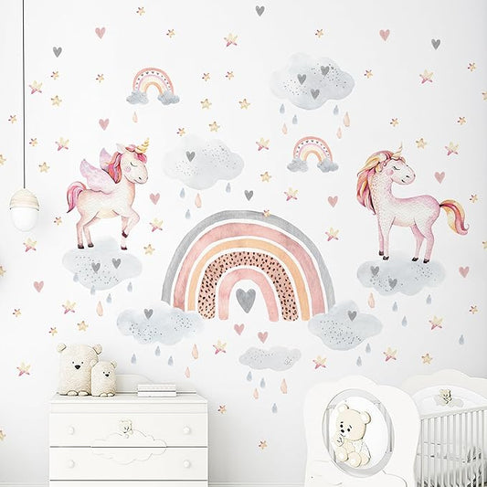 Large Rainbow Wall Decals by Lipastick - 144 pcs Rainbow Wall Stickers - Unicorn Wall Decals for Kids Bedroom Room Nursery – Kids Wall Stickers Cloud Stars Ponies - Waterproof Wall Art Décor XXL Size
