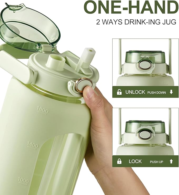 TKK 64 OZ Glass Water Bottle with Straw and Handle Half Gallon Bottle with Silicon Sleeve 2L Sports Water Bottles for Fitness, Gym, Workout - Light Green