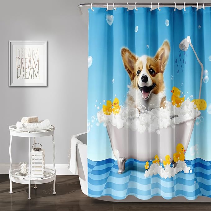 AILONEN 3D Bathtub Dog Shower Curtain for Kids 48" W*72" H Kawaii Shower Puppy and Bathtub Yellow Duck Shower Curtain,Polyester Waterproof Fabric Decor for Bathroom Bathtub Panels
