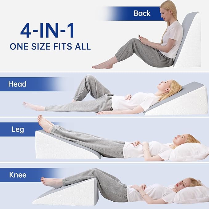 QUINEEHOM Bed Wedge Pillow for Sleeping, 12 Inch Triangle Bed Wedge for Adults, Memory Foam Wedge with Washable Cover, Hypoallergenic 30 Degree Pillow for Acid Reflux, Knee, Snoring, White&Grey