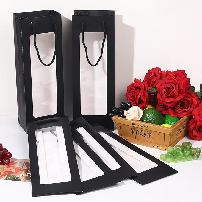 Megitzuu Wine Bottle Gift Bags With Window, 10 Pack Reusable Kraft Paper Wine Gift Bags for Wine Bottle Birthday Party Wedding Bridal Shower Gift Supplies