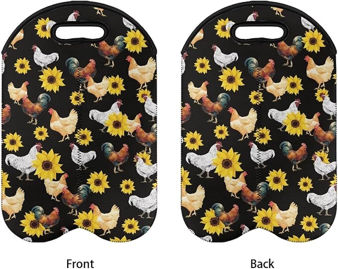 doginthehole Chicken Wine Bag Neoprene Wine Tote Insulated Bag Two Bottle Wine Carrier Sunflower Rooster Wine Bottle Covers Protector Sleeve Reusable Wine Bottle Holder Champagne Beer Bags for Travel