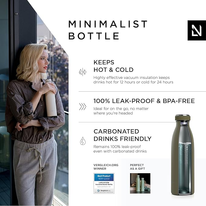 LARS NYSØM Stainless Steel Insulated Water Bottle 12oz 17oz 25oz 34oz 51oz | BPA-free Insulated Thermo Flask for Hot and Cold Beverages | Leakproof Drinking Bottle (Capulet Olive, 17oz)
