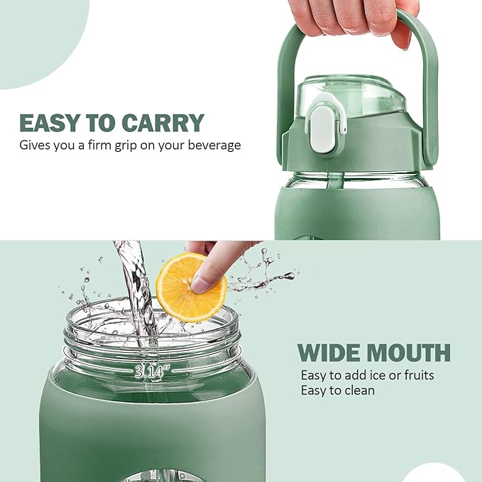 kytffu 64oz Glass Water Bottles with Straw, Half Gallon Motivational Glass Bottle with Silicone Sleeve and Time Marker, 2L Leakproof Large Glass Water Jug for Gym Home Office,olive