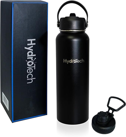 HydroTech Stainless Steel Leak Proof Water Bottle with Double Wall Insulation and 2 Lids (Straw Lid) - 40 OZ. (Black)