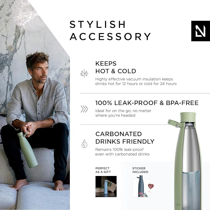 LARS NYSØM Stainless Steel Insulated Water Bottle 25oz 34oz | BPA-free Insulated Thermo Flask for Hot and Cold Beverages | Leakproof Drinking Bottle (Sage, 34oz)