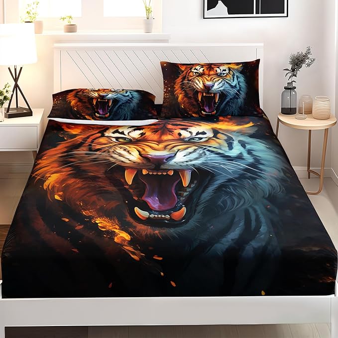 AILONEN Tiger Fitted Sheet Set Full Size for Boys, Safari Tiger Bed Sheet Set for Kids Teen,3 Pieces Wildlife Bedding Flame Animal Tiger Print Fitted Sheet with 2 Pillowcases