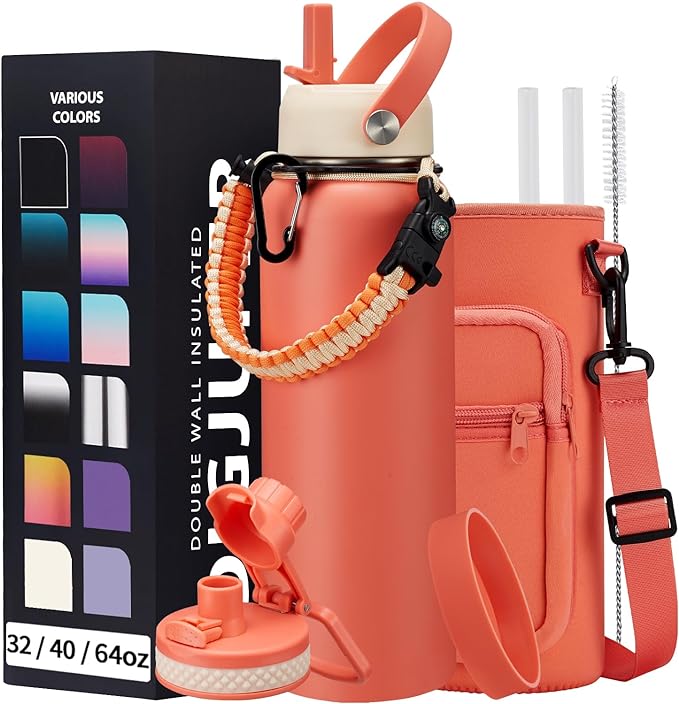40 oz Stainless Steel Water Bottles with Straw and Auto Spout Lids, Wide Mouth Metal Thermos Bottles for Gym, Leak Proof & BPA-Free Water Flask Jug with Paracord Handle & Carrier Bag with Strap
