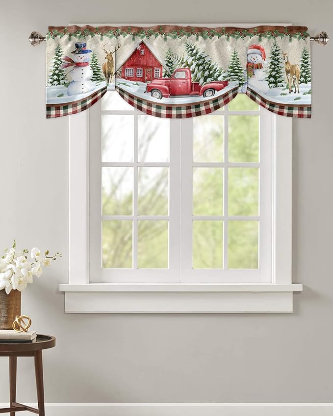 Christmas Farmhouse Blackout Tie Up Valance Curtains for Kitchen Windows Snowman Farm Red Truck Window Toppers Balloon Shades for Living Room/Bathroom/Bedroom,1 Panel,42" X 18" Winter Holiday