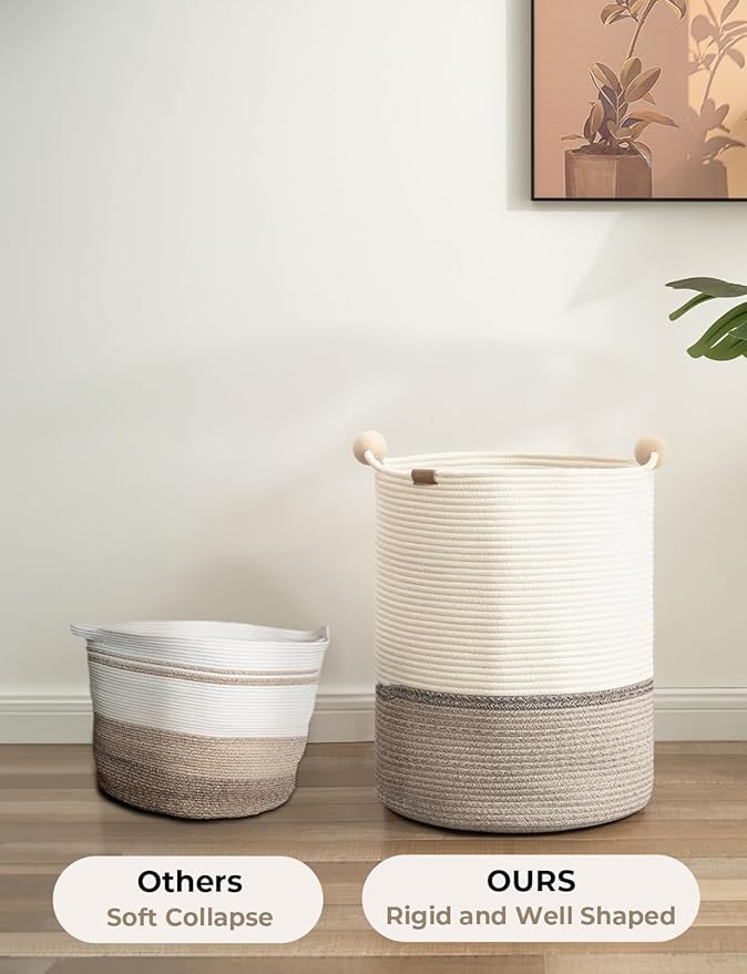 StorageWorks 58L Cotton Rope Laundry Basket with Wooden Beads Handles, Woven Basket for Storage, Dirty Clothes, Kids Toys, Towels, White & Light Brown