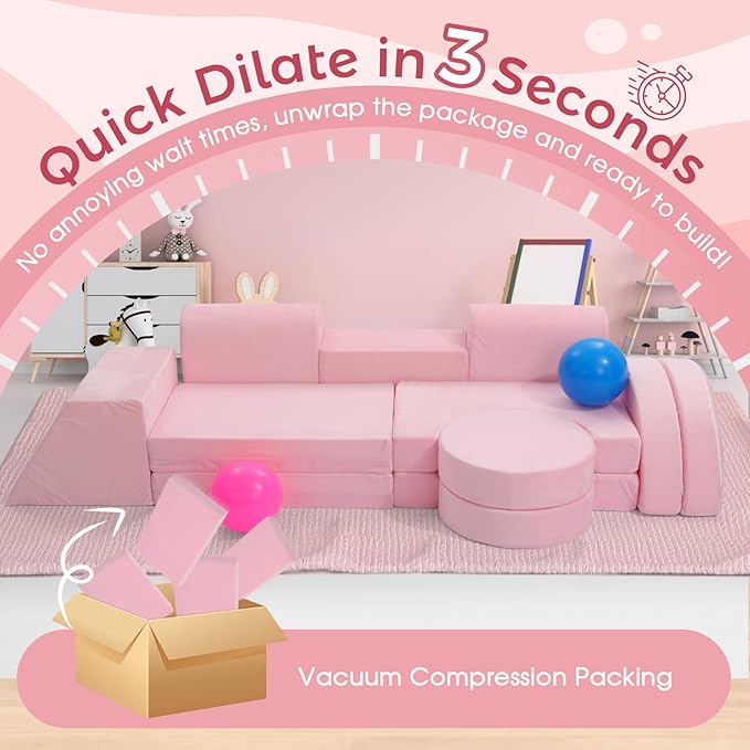 Modular Kids Sofa Play Couch, 12-Piece Kids Couch Sectional Sofa for Playroom Fort Buliding, 3S Instant Rebound and Fully Expand, Versatile Kids Play Couch for Toddler to Teen