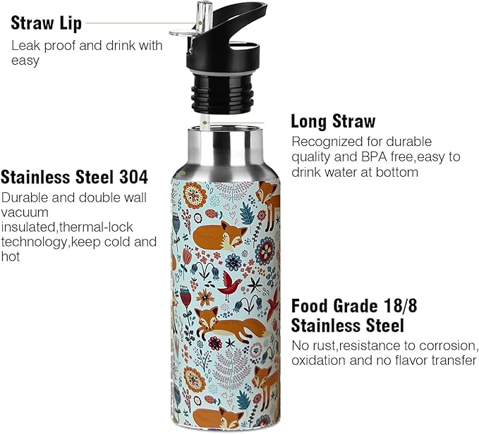 Cute Fox Animal Sport Water Bottle with Straw, Vacuum Insulated Stainless Steel Thermal Drinking Travel Mug Cups For Gym Fitness Camping-20oz/600ml, Orange