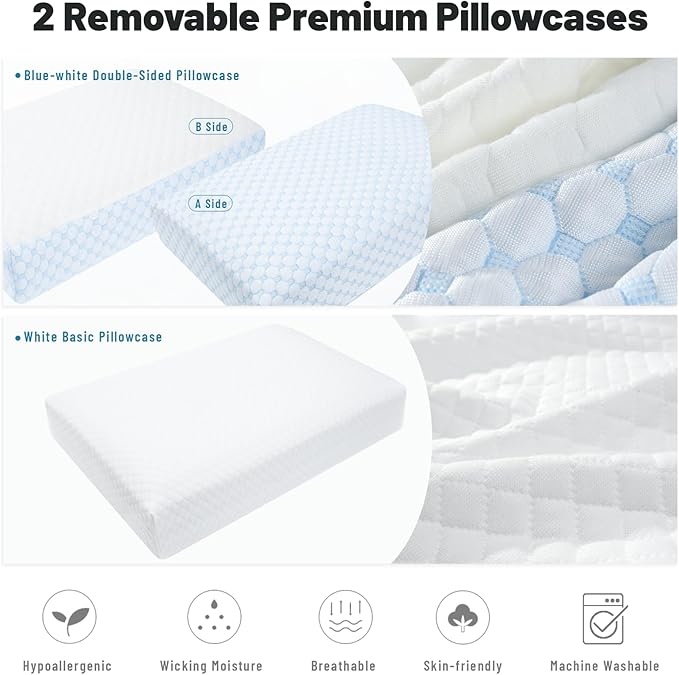 Cervical Neck Thin Pillow Flat Firm Memory Foam Adjustable Pillows from 1.3 to 5.2inch for Stomach Side Back Sleeper with 2 Pillowcases (Blue-White+Basics)