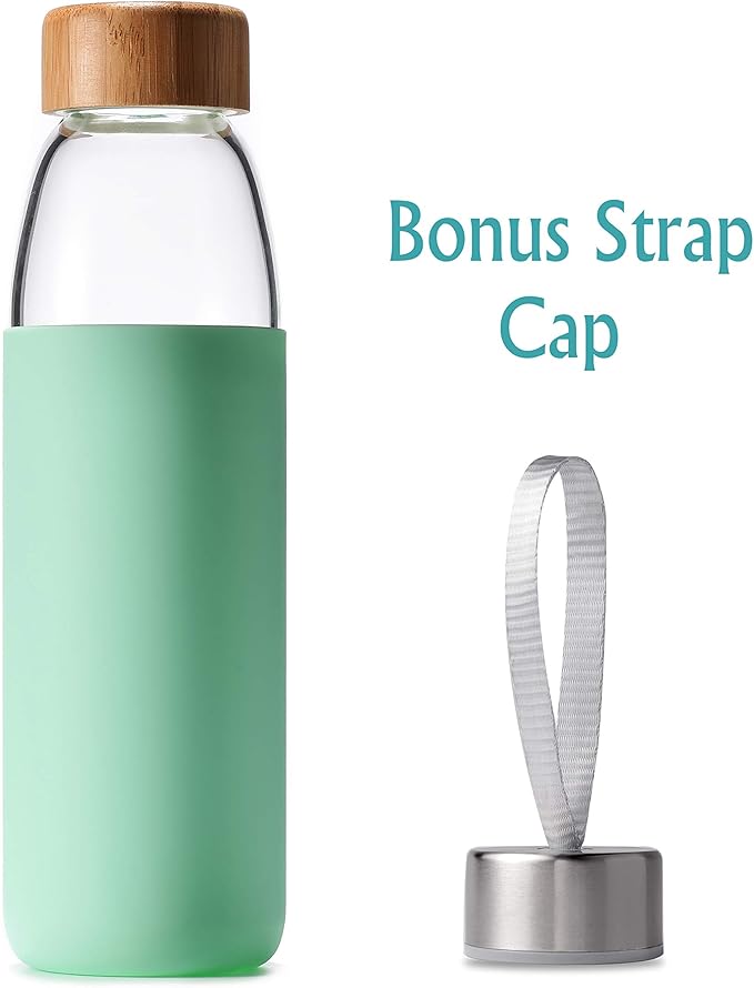 veegoal Glass Water Bottles 18 Oz Borosilicate with Bamboo Lid, BPA-FREE, Non-Slip Silicone Sleeve, and Stainless Steel Leak Proof Lid - Glass Water Bottle for Men and Women