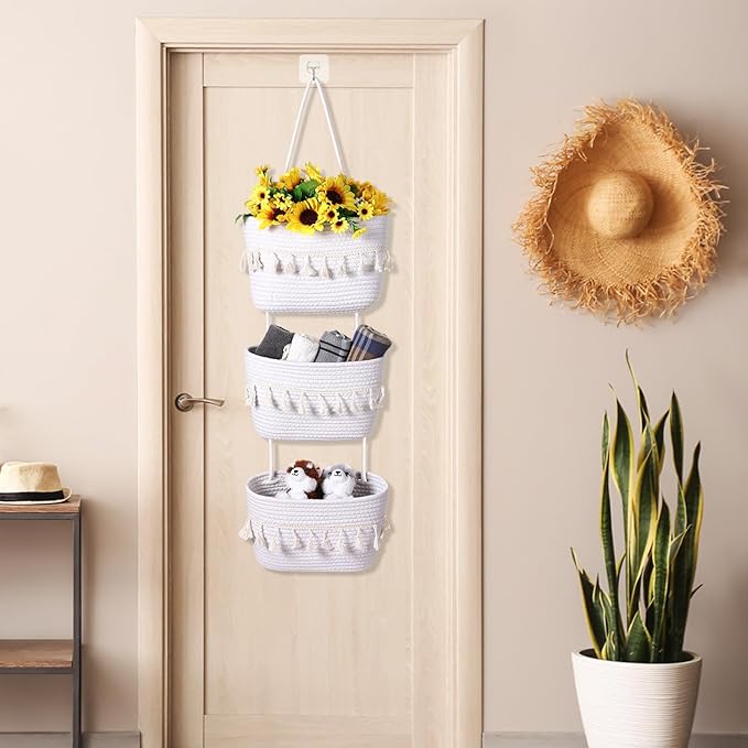 Over the Door Hanging Basket Boho Woven Wall Hanging Baskets 3-Tier Cotton Wall Mounted Storage Organizer Bag Macrame Decorative Hanging Baskets for Kitchen Laundry Room Stairs(White)